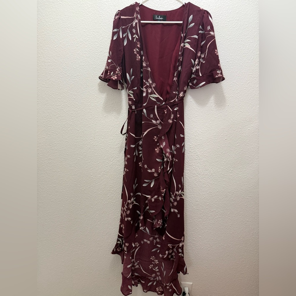 Lulus Wild Winds Burgundy Floral Print High-Low Wrap Dress - Picture 5 of 10